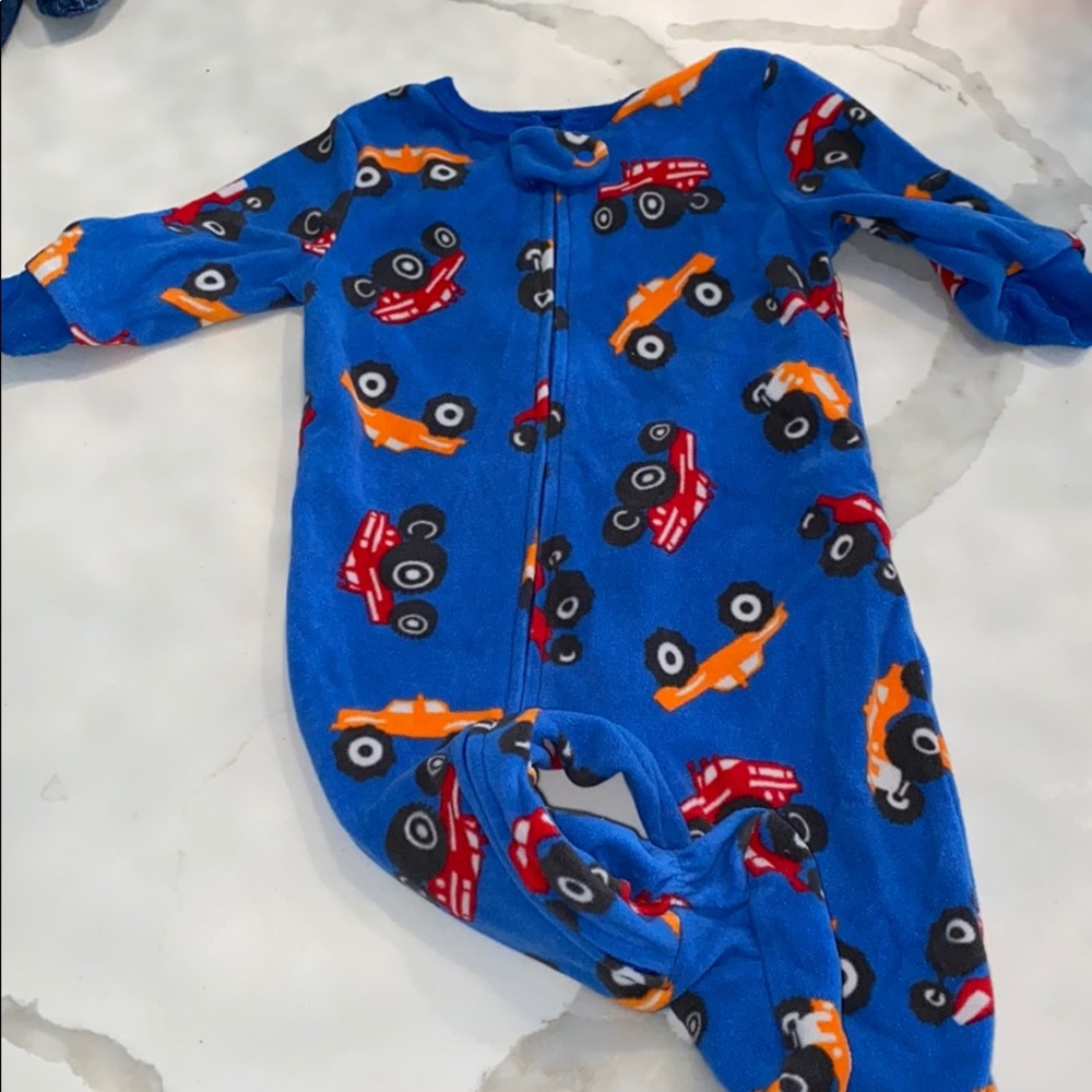 Blue Fleece 6 month footie with cars! Barely worn!